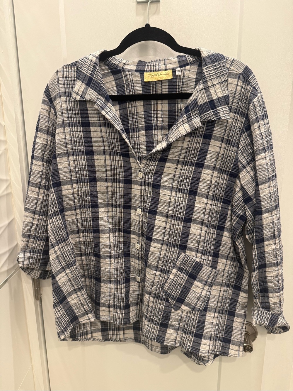 Relaxed Navy and White Plaid Button-Front Blouse by Kristen Crenshaw